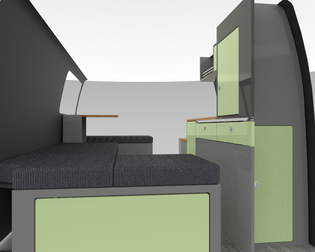 Innenansicht eines modularen Van-Ausbaus. Das Bild zeigt eine durchdachte Raumaufteilung mit einer Liegefläche, gepolstert mit dunkelgrauem Stoff, die gleichzeitig als Stauraum dient. Daneben befindet sich eine kompakte Küchenzeile mit grünen Fronten, Holzarbeitsflächen und Schubladen für zusätzlichen Stauraum. Der helle Innenraum kombiniert Funktionalität mit stilvollem Design und veranschaulicht die Flexibilität des TerraVenture-Systems.