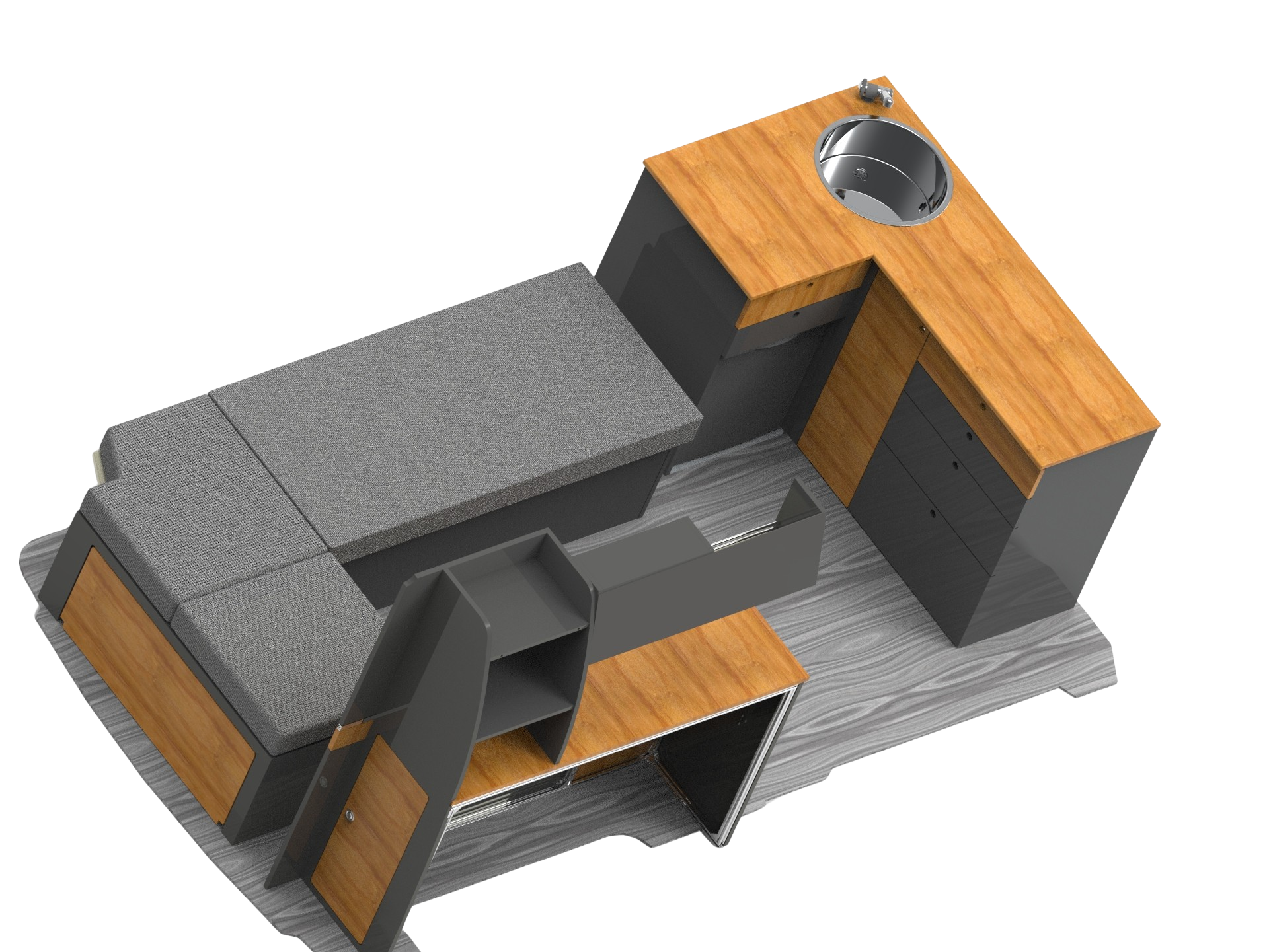 3D-Rendering eines modularen Van-Ausbaus von Van71. Das TerraVenture-System kombiniert eine Liegefläche mit integrierter Stauraumlösung und eine funktionale Küchenzeile mit Waschbecken, Schubladen und Arbeitsfläche. Hochwertige Materialien in Holzoptik und dunklem Grau verleihen dem Design eine moderne Ästhetik.