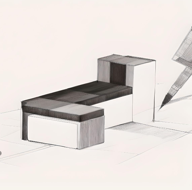 Designskizze eines modularen Möbelstücks für den Van-Ausbau. Es zeigt eine Kombination aus Sitzgelegenheit und Bett mit klaren Linien und funktionalen Elementen.