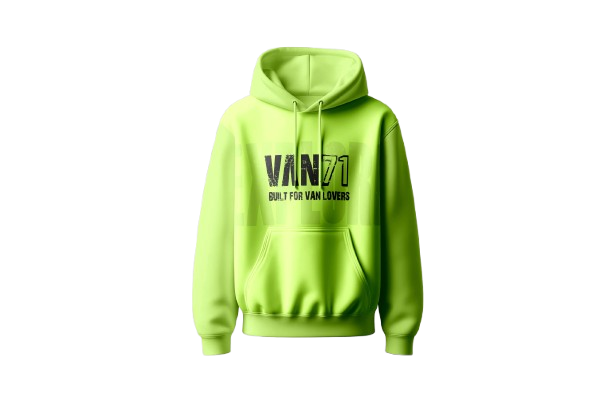 Neongrüner Van71 Hoodie mit schwarzem Schriftzug 'Built for Van Lovers'