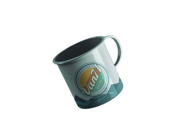 Van71 Emaille-Tasse mit blauem Logo und Outdoor-Design